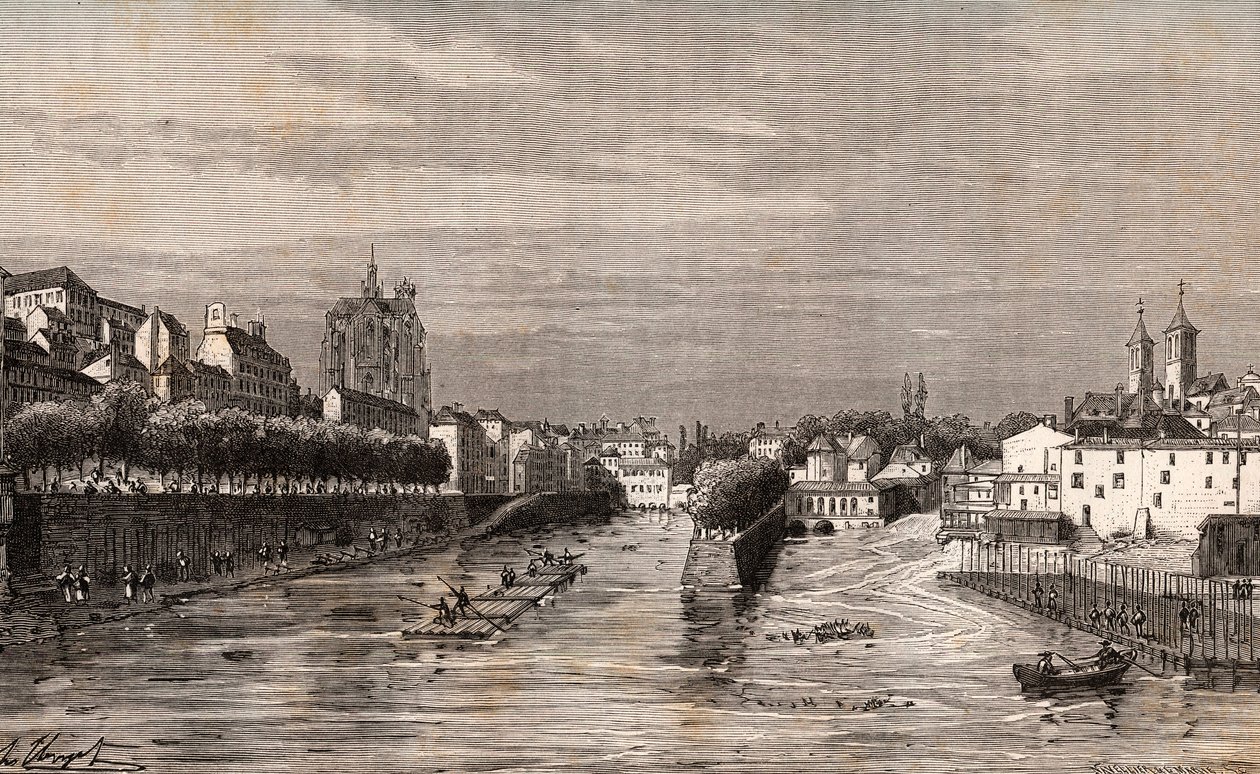Metz - pohled na přístav Saint-Georges - Moselle - rytina v „La France illustrée: geografie, historie, statistická správa“ od V.A. Malt-Brown. 1884 od French School