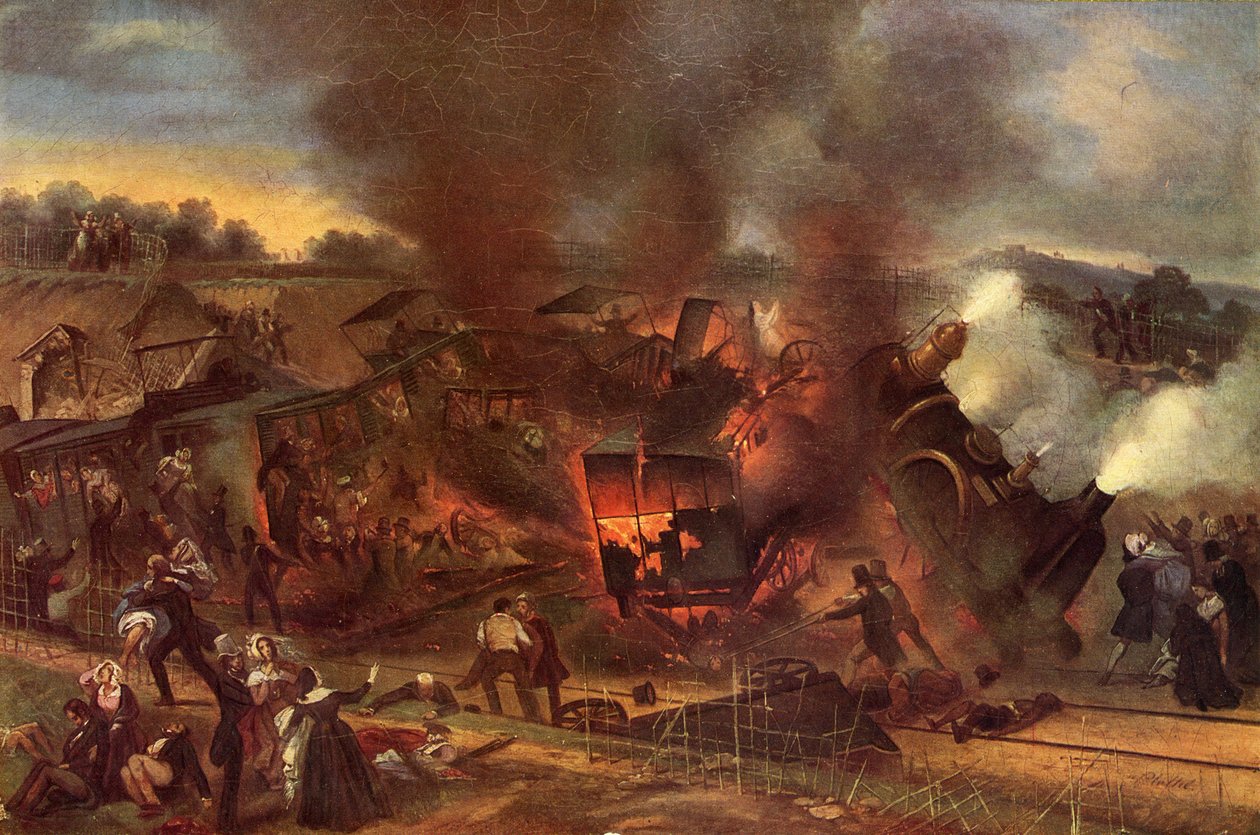 Meudonská železniční nehoda na Versailleské dráze, z knihy "Histoire de la Locomotion Terrestre..." od Charlese Dollfuse od French School