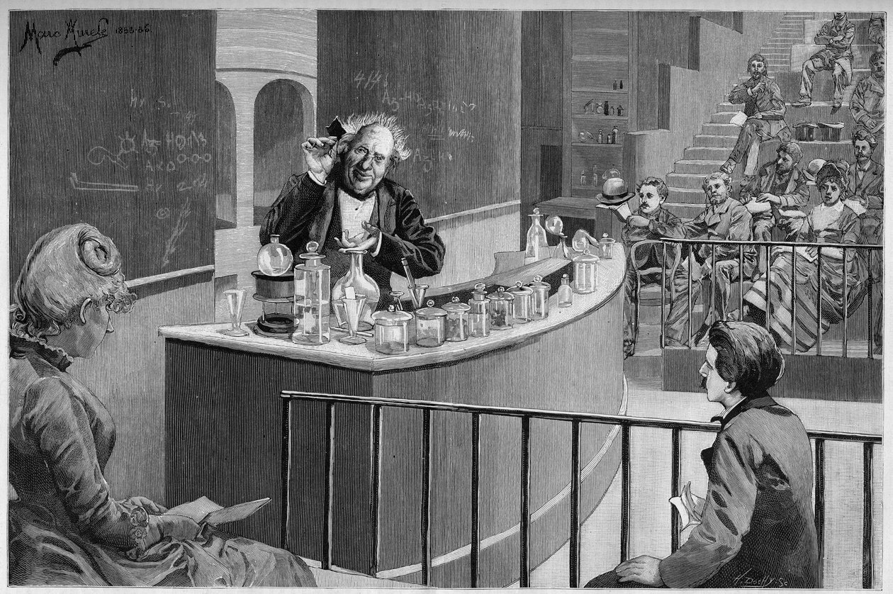 Michel Eugene (Michel-Eugene) Chevreul (1786-1889) přednesl svůj chemický soud v amfiteatriku Přírodovědného muzea v Paříži v „The Illustrous World““ 1886. od French School
