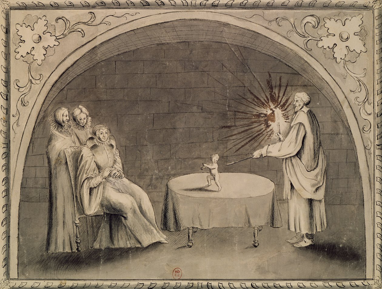 Michel de Nostradame (1503-66) a Catherine de Medici (1519-89) 1559 (pero a inkoust a mytí na papíře) od French School