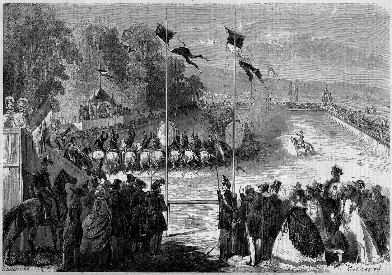 Vojenský kolotoč popravený studenty Saint Cyr (Saint-Cyr). Morbihan (56), 31. srpna 1861. Rytina v „“ Le Monde Illustré““ č. 230 ze 7. září 1861. od French School