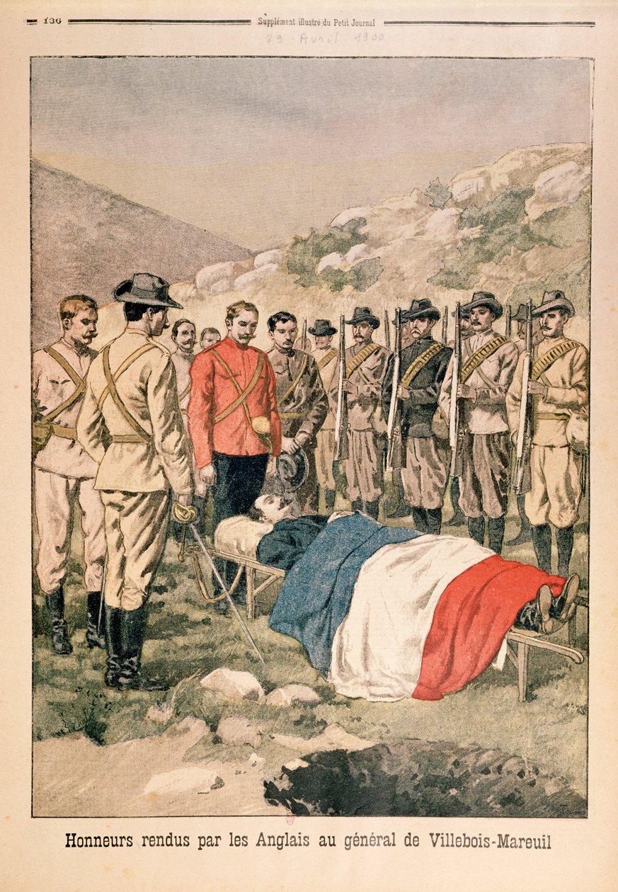 Vojenské pocty, které Britové vzdávají generálu Georgesi de Villebois-Mareuilovi (1847-1900) na hřbitově v Boshofu, ilustrace z Le Petit Journal, 29. dubna 1900. od French School