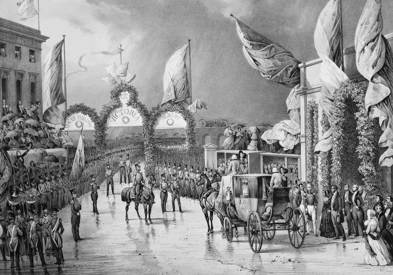Vojenská pocta King a Gosport - Louis Philippe 1st (1773-1850), král Francouzů, princ Albert (1819-1861) a Victoria (1819-1901), královna Anglie na Gosport Station během oficiální plavby Louis-Philippe do Británie (1844) - Louis-Philippe od French School