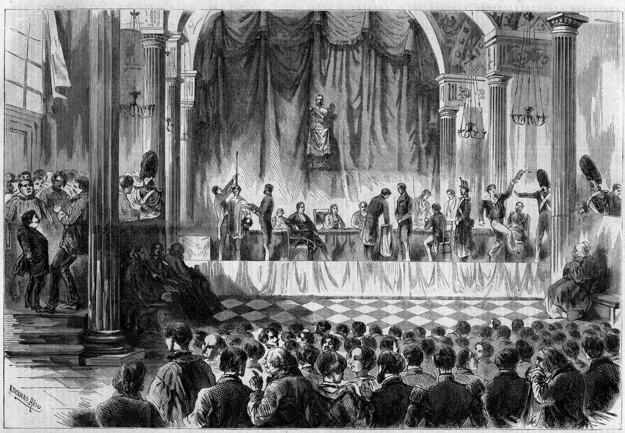 Vojenský nábor: losování branců z roku 1858 v pokoji Saint Jean hotelu de Ville v Paříži. Rytina v „“ Le Monde Illustré““ č. 44 ze dne 13. února 1858. od French School