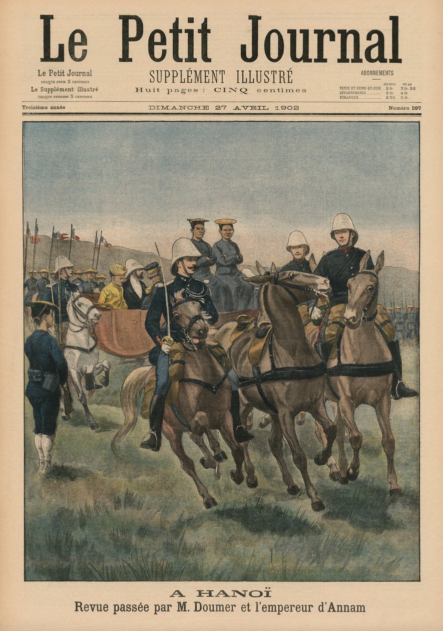 Vojenská recenze Paula Doumera, generálního guvernéra Francouzské Indočíny, a císaře Annamu, Thanh Thai, v Hanoji, ilustrace přední obálky z Le Petit Journal, Supplement Illustre, 27. dubna 1902 ( od French School