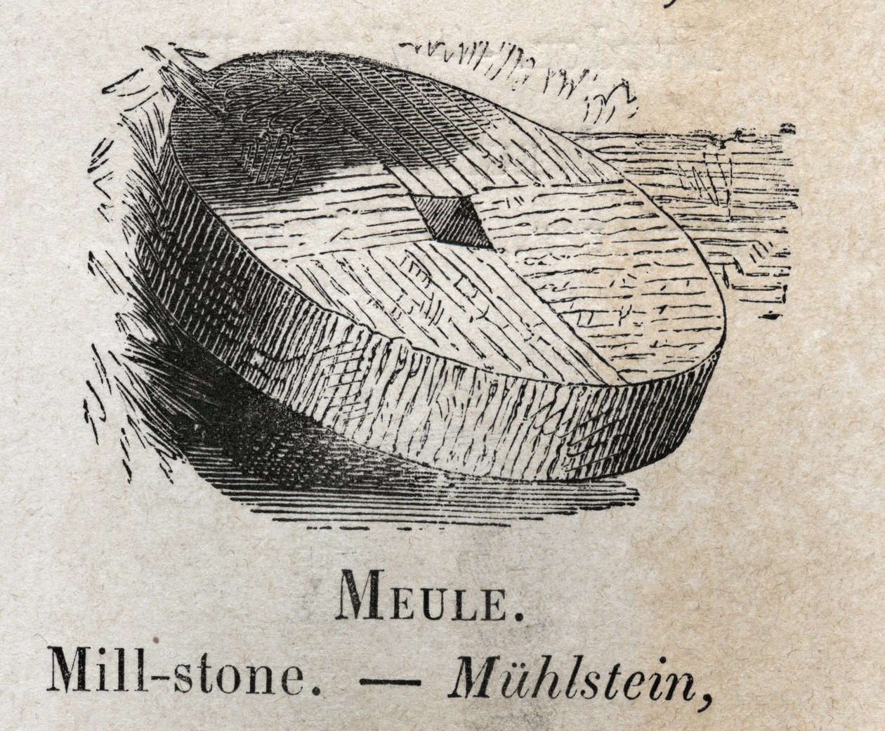 Mill-stone v „“slovní zásobě ilustruje běžná slova““ od Armanda Le-Bruna. 1890 od French School