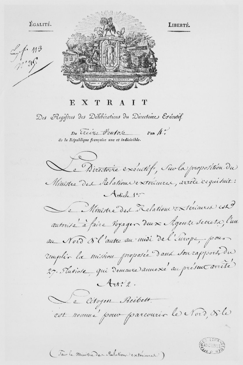Ministerstvo zahraničních věcí, nominace dvou tajných agentů, 1796 (inkoust na papíře) od French School