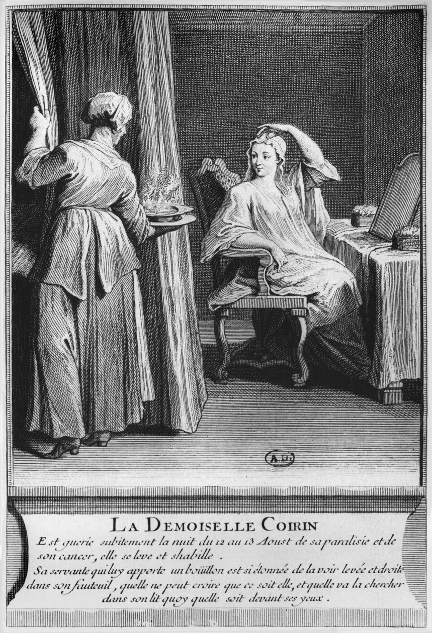 Zázračné uzdravení ochrnutí a rakoviny Demoiselle Coirin, na hrobě diakona Francoise de Paris na farním hřbitově Saint-Medard v Paříži, ilustrace z knihy La verite des miracles de M od French School