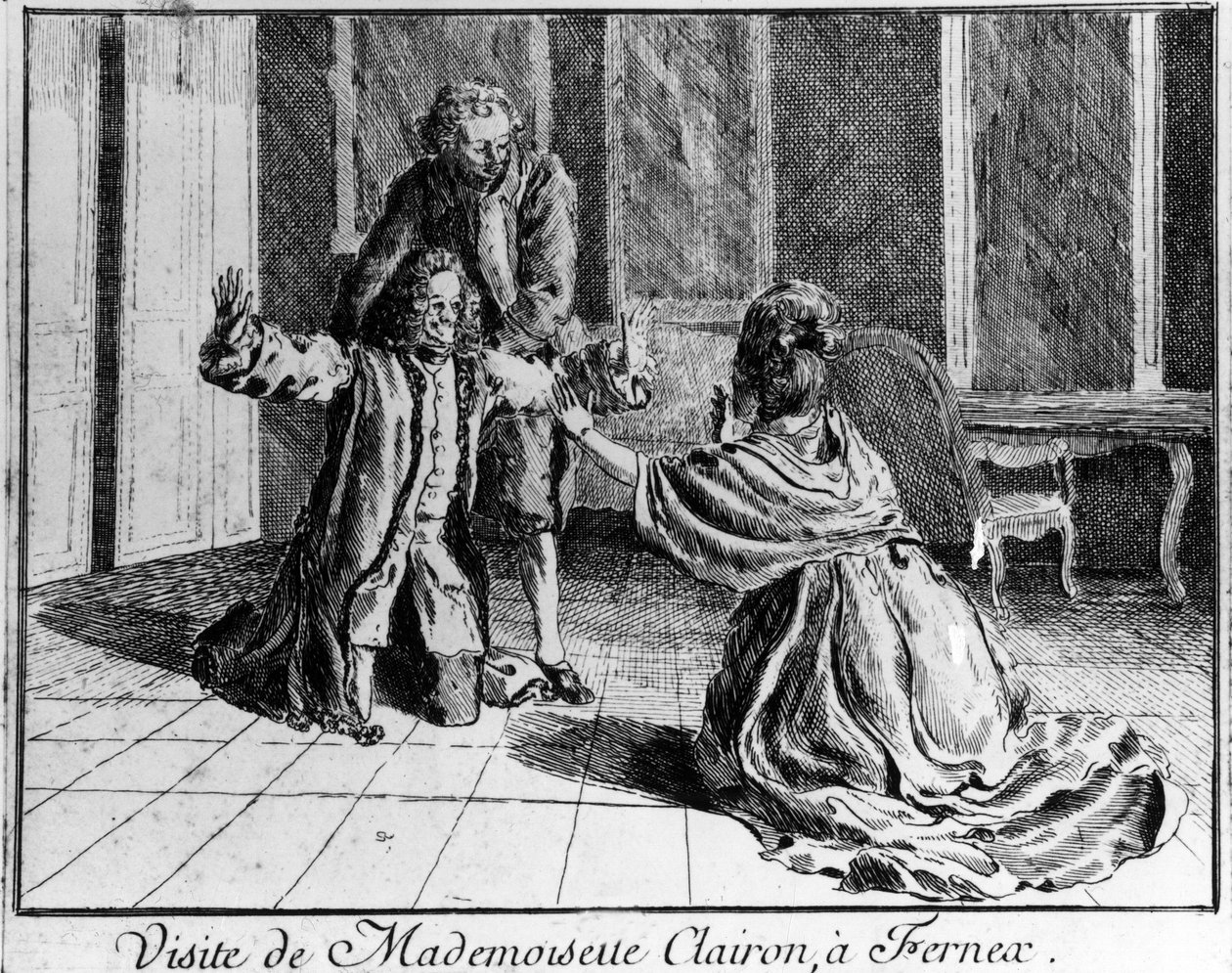Slečna Clairon (Mademoiselle Clairon Josephe Leris de La Ttude dit Mademoiselle Clairon (1723 -1803) francouzská herečka, navštívila rytinu Ferney a Voltaire v 18. století. od French School