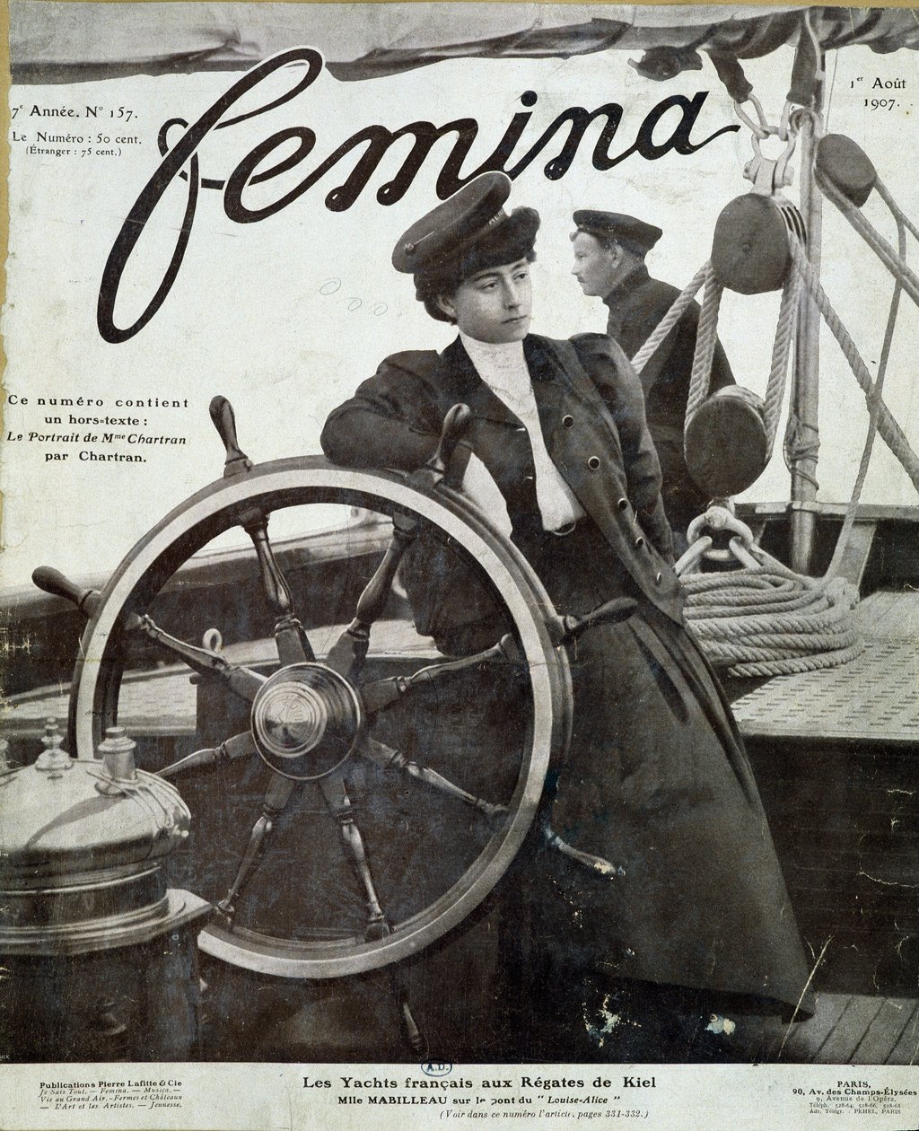 Slečna Mabilleau na můstku jachty ““ Louise-Alice”””” na regatě v Kielu - v “”Femina”” z 1.8.1907 od French School