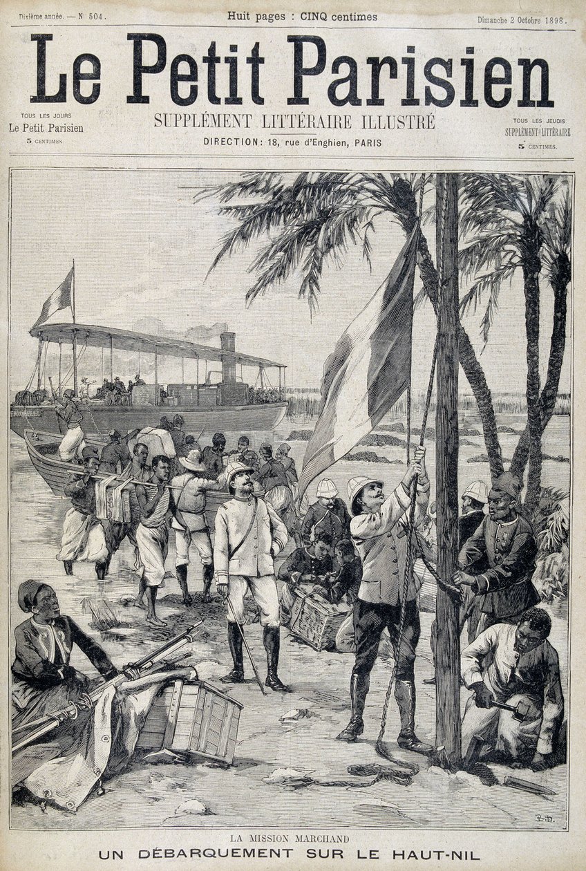 Mise Marchand: vylodění na horním Nilu – v „Le Petit Parisien““ z 2.10.1898 (rytina) od French School