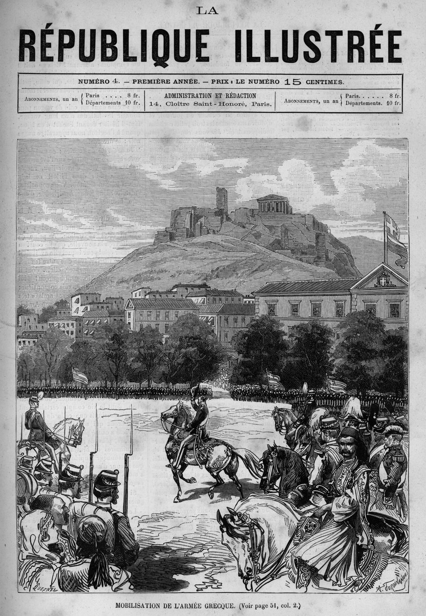 Mobilizace řecké armády v ulicích Athén. Můžete vidět Akropoli a Parthenon. Noviny. Rytina z roku 1880 v soukromé sbírce „La republique illustree“. od French School
