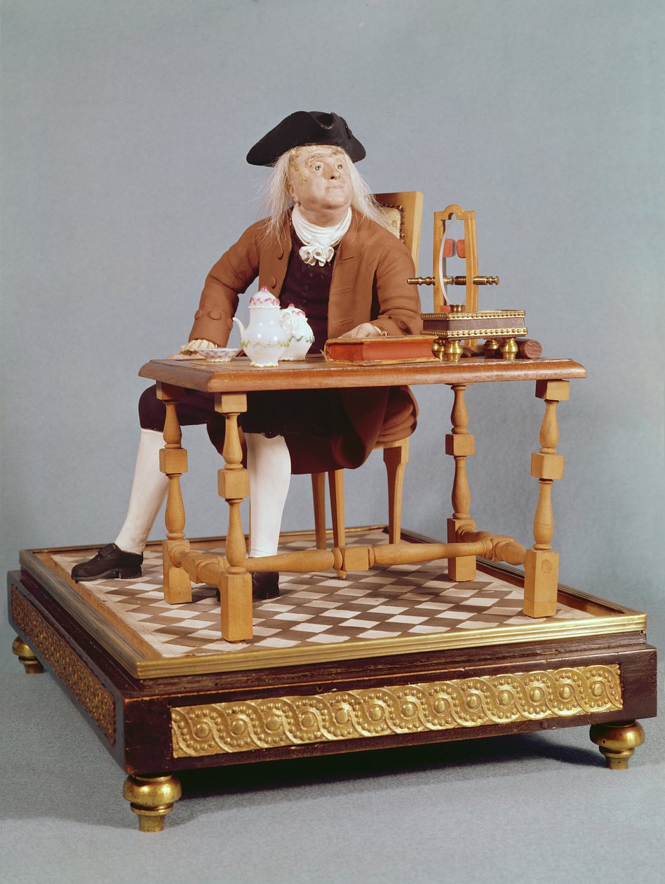 Model Benjamina Franklina (1706-90) u jeho stolu, konec 18. století od French School
