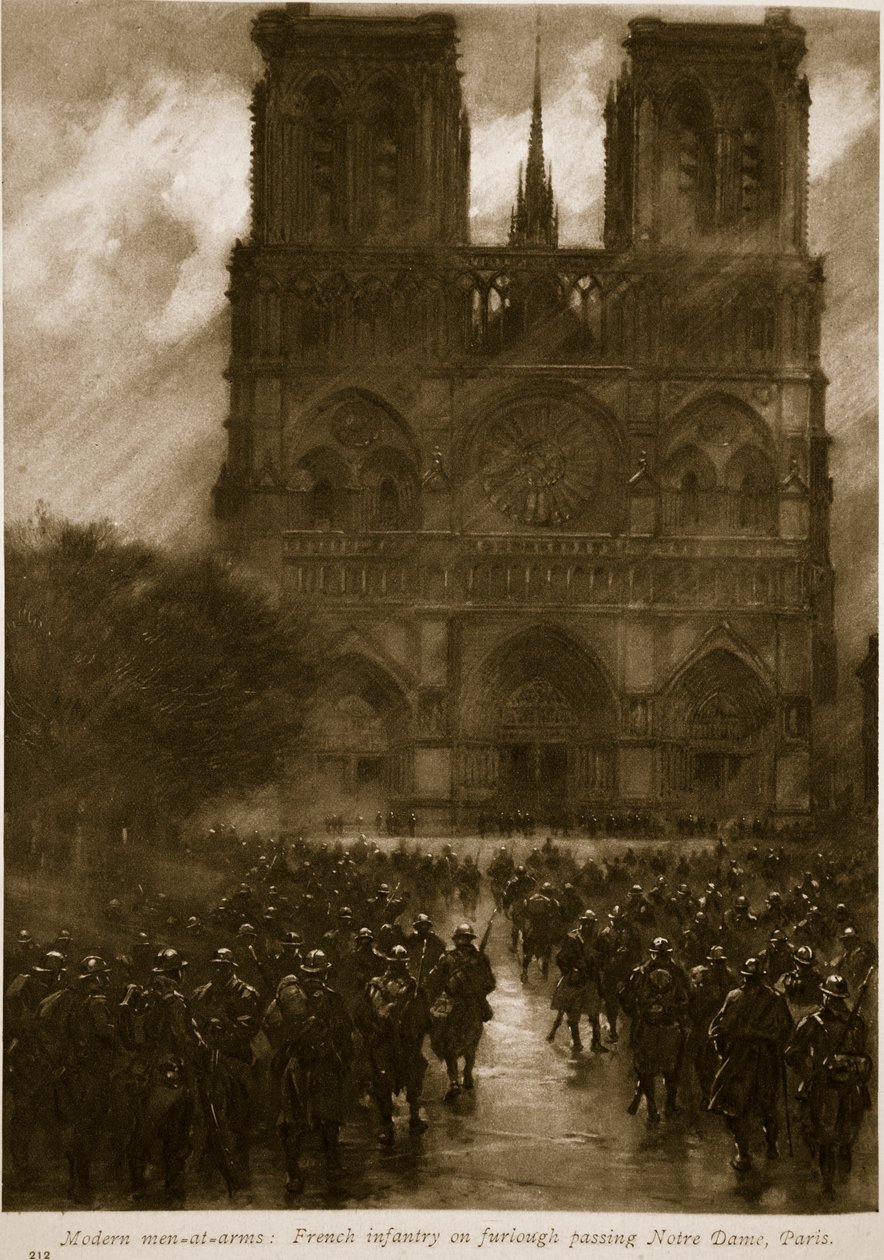 Moderní zbrojíři: Francouzská pěchota na dovolené prochází Notre Dame, Paříž, 1914-19 od French School