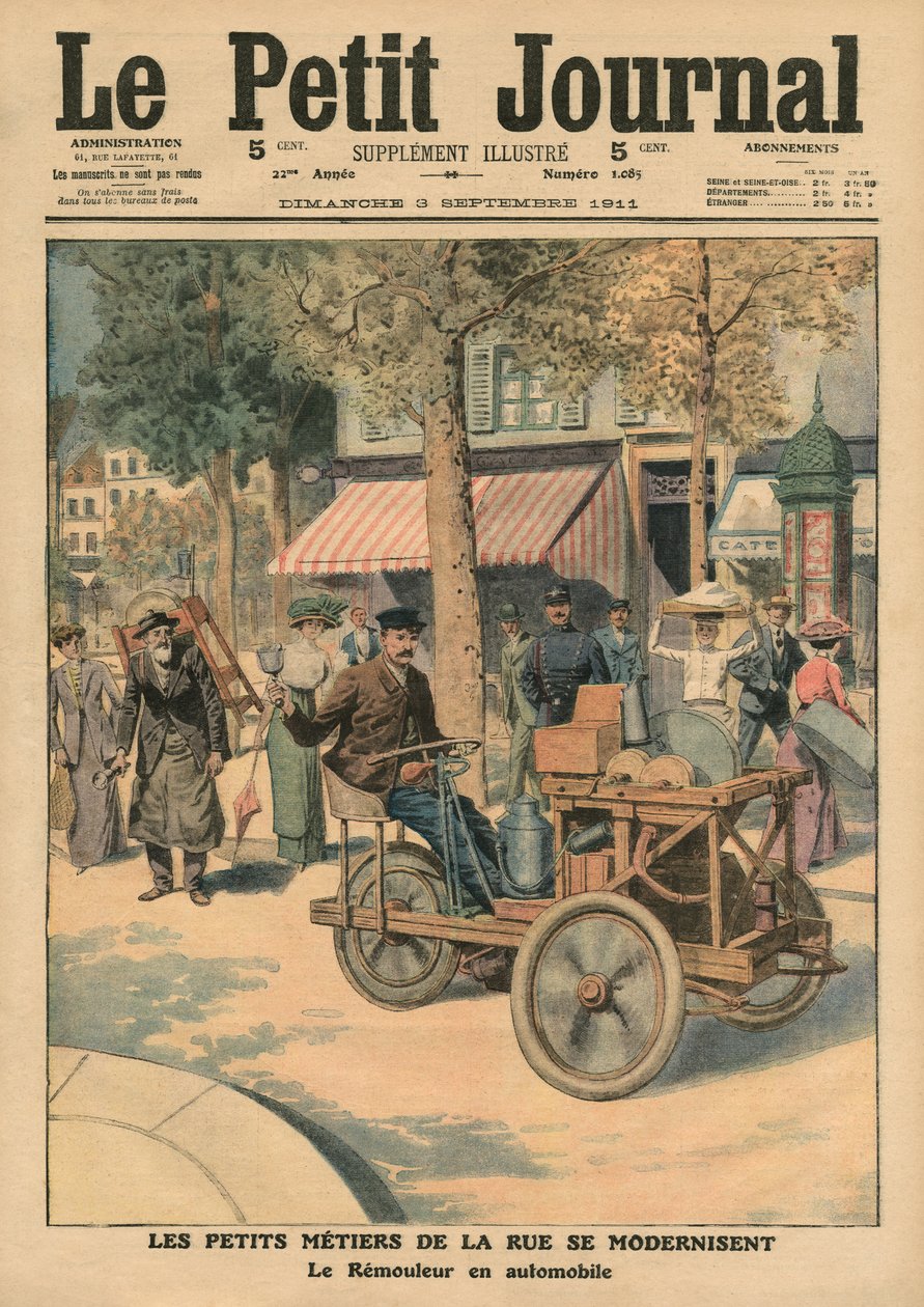 Modernizace pouličních prací, brusič nožů v autě, ilustrace z 