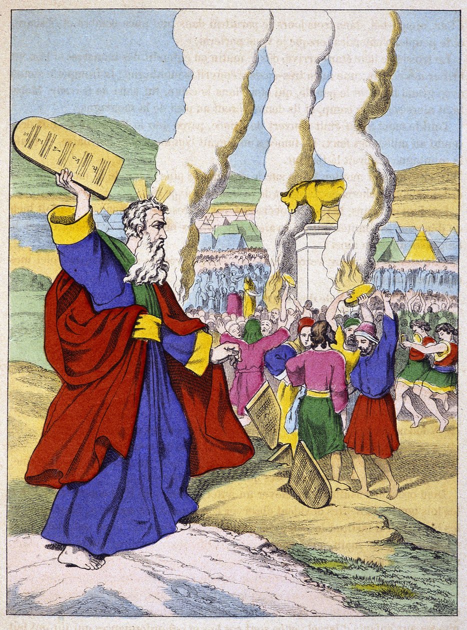 Moise porušuje před Zlatým teletem stoly zákona - v „“Život Moise“, ed. Olivier Pinot, Epinal, konec 19. století od French School