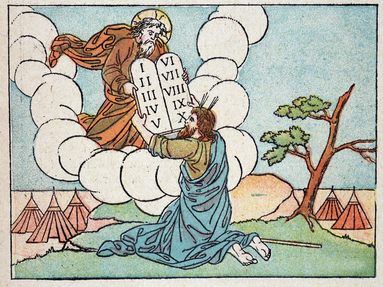 Mojžíš dostává tabulky zákona - v „Svaté historii ve 120 obrazech“, ed. House of Good Press, Paříž od French School
