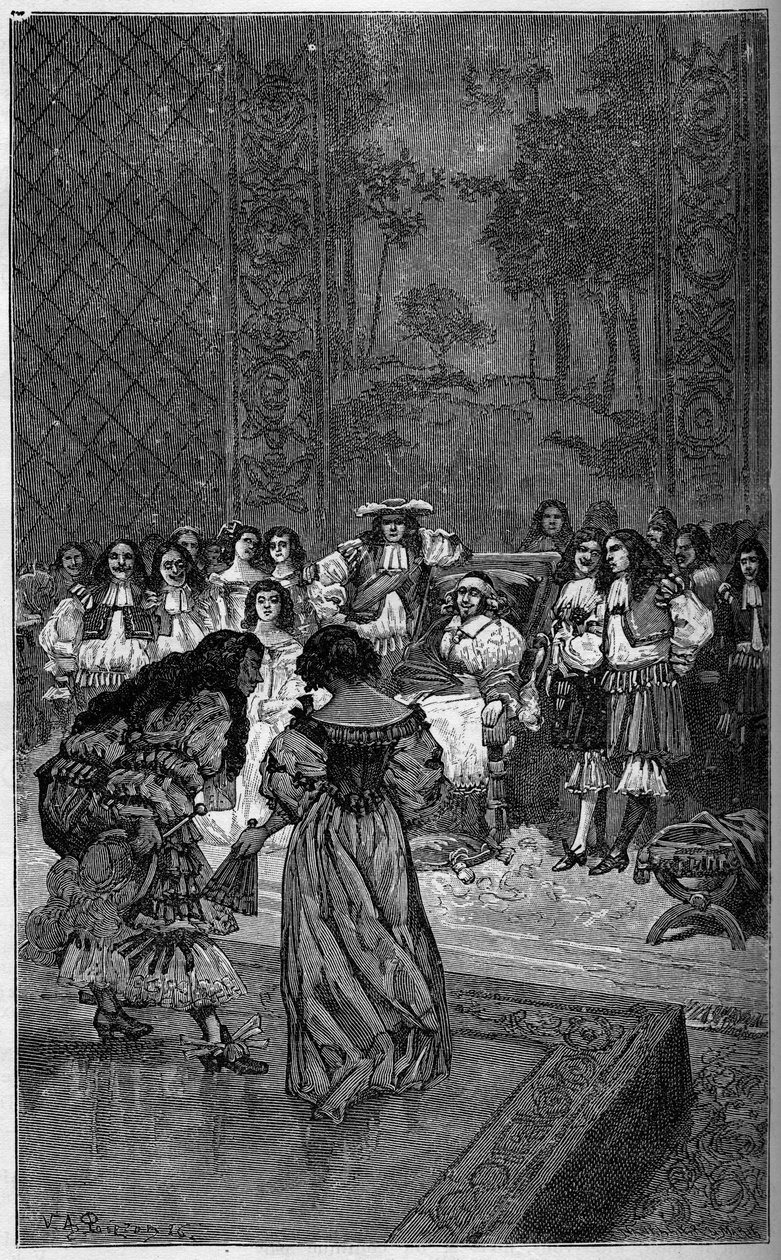 Moliere a jeho skupina hrající před králem Ludvíkem XIV. a kardinálem Julesem Mazarinem (Giulio Raimondo Mazzarino nebo Mazarino) (1602-1661). Rytina v „The Illustrous World““ 1886. od French School