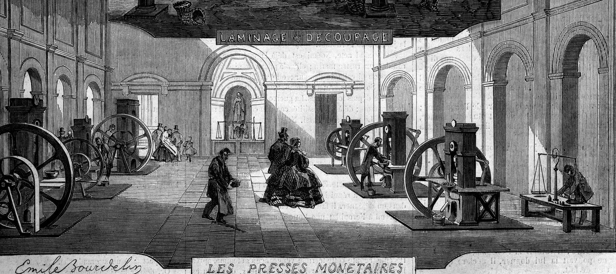Vydělávání peněz: nakupujte lisy na peníze. Rytina v „“ Le Monde Illustré““ č. 145 z 21. ledna 1860. od French School