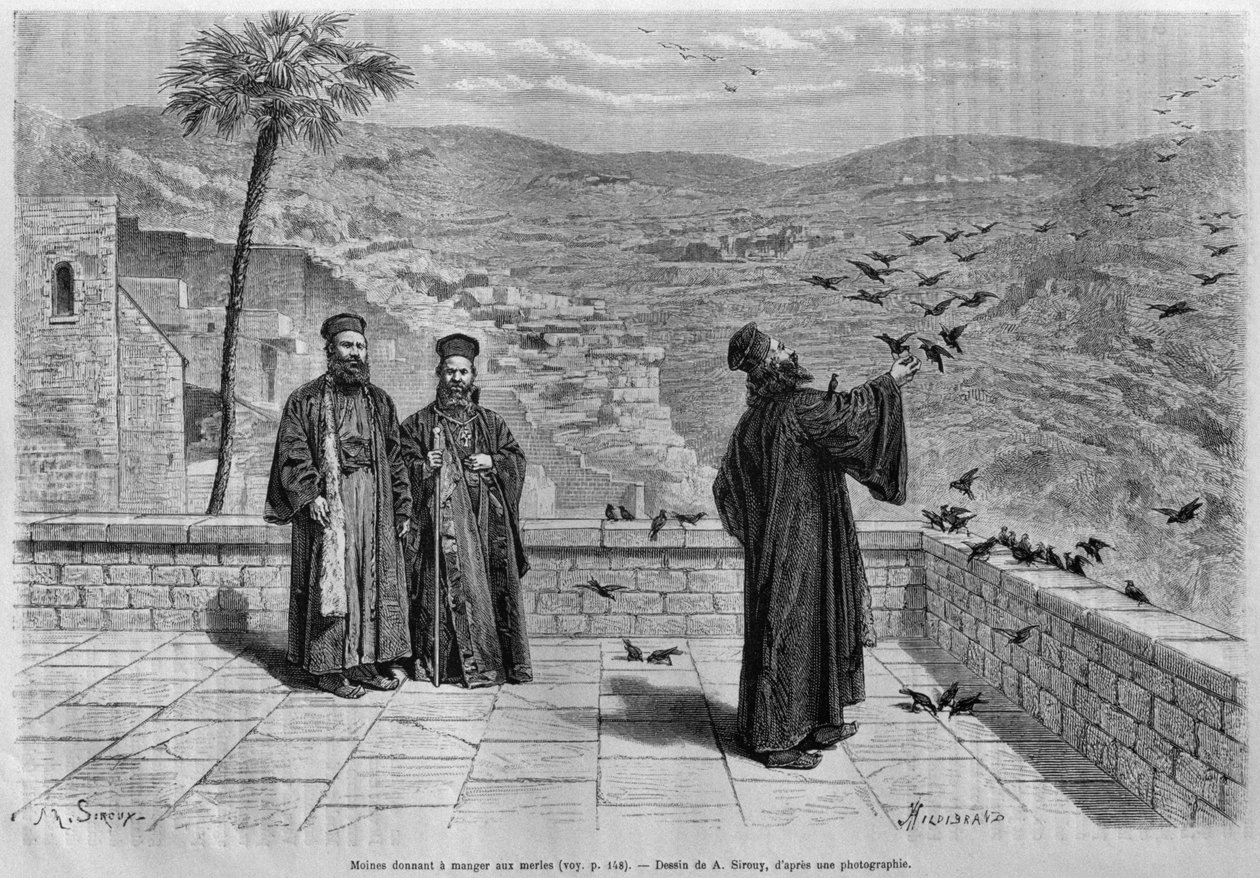 Mnich krmící ptáky, klášter Marsaha, od La Syrie dauhui. Cesty po Fénicii, Libanonu a Judsku. 1875-1880 Louise Charlese Emila Lorteta, 1884 (čb rytina) od French School
