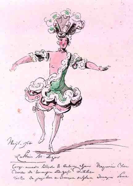 Monsieur Leger jako Zephyr, v Nais, libreto Cahusac, složil Jean-Philippe Rameau (1683-1764) 1764 (barevná rytina) od French School