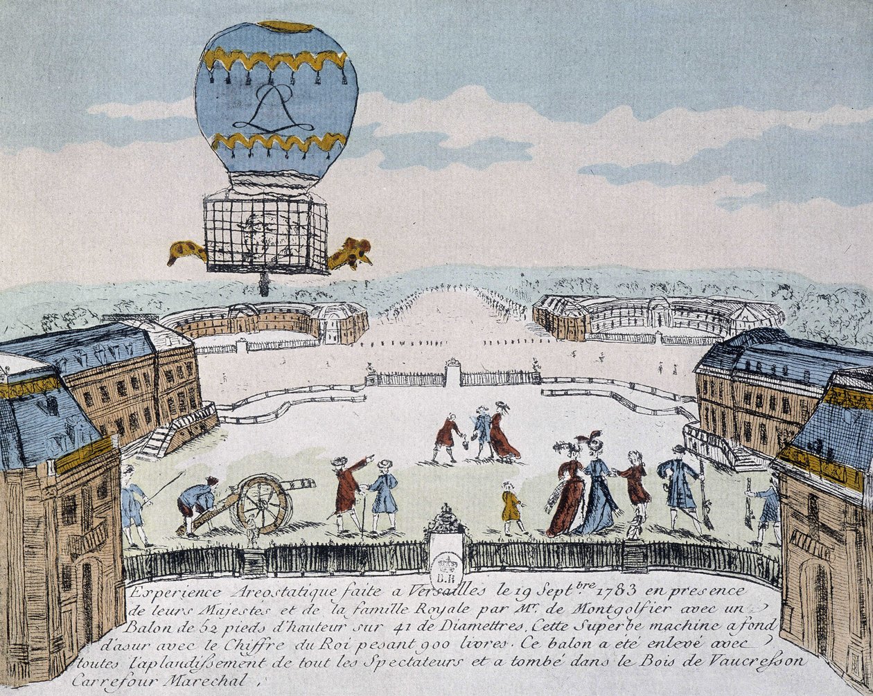 Montgolfierův první let aerostatu obývaného zvířaty organizovaný ve Versailles, 19. září od French School
