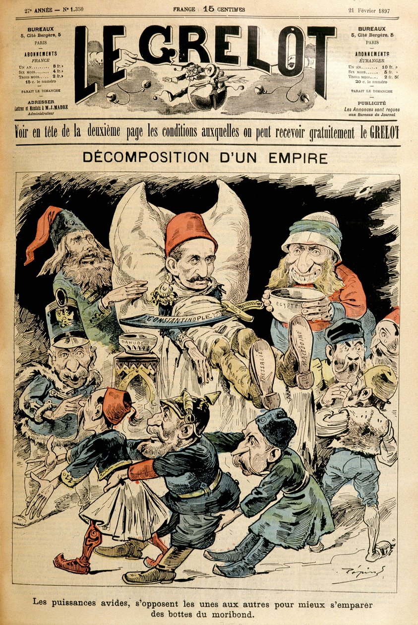 Umírající Turecko a cizí mocnosti bojující o jeho boty, obálka „“Le Grelot““ 21.2.1897. od French School