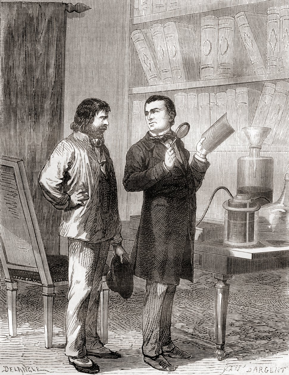 Moritz von Jacobi, vpravo, objev galvanoplastiky nebo elektrotypizace v roce 1838, z Les Merveilles de la Science, publikované kolem roku 1870 (rytina) od French School