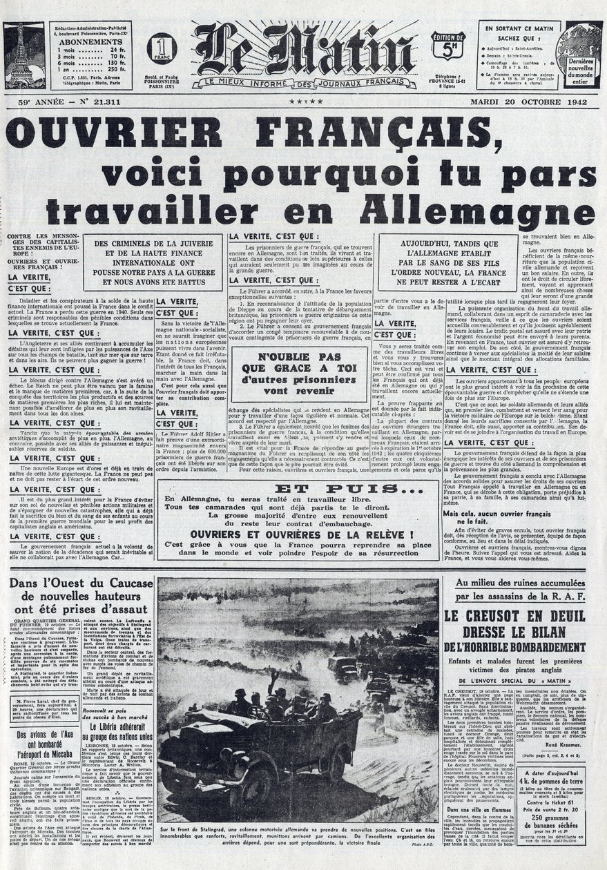 Ranní žurnál č. 21311 z 20. října 1942: The Sto - Povinná pracovní služba - Proč jít pracovat do Německa - od French School