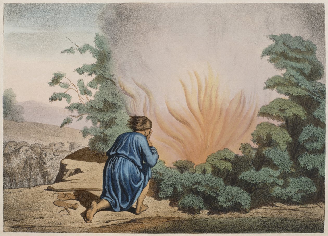 Mojžíš a hořící keř, ilustrace z katechismu LHistoire Sainte, vydal Charles Delagrave, Paříž, konec 19. století od French School