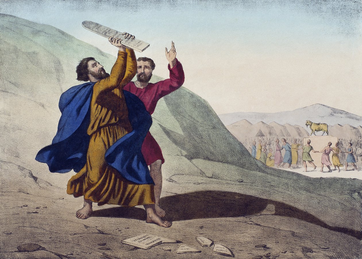 Mojžíš láme desky zákona a klaní se zlatému tele, ilustrace z katechismu LHistoire Sainte, vydal Charles Delagrave, Paříž, konec 19. století od French School