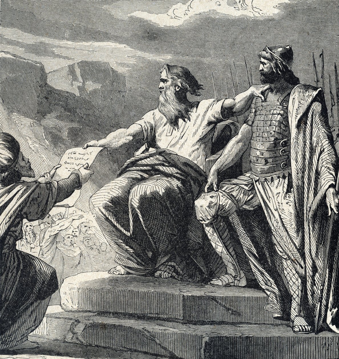 Mojžíš nařídil lidu Izraele, aby uznal autoritu Josue (Mojžíš si vybral Joshuu jako svého nástupce) Rytina ze „Svaté historie“ od Lahura Soukromá sbírka z 19. století od French School