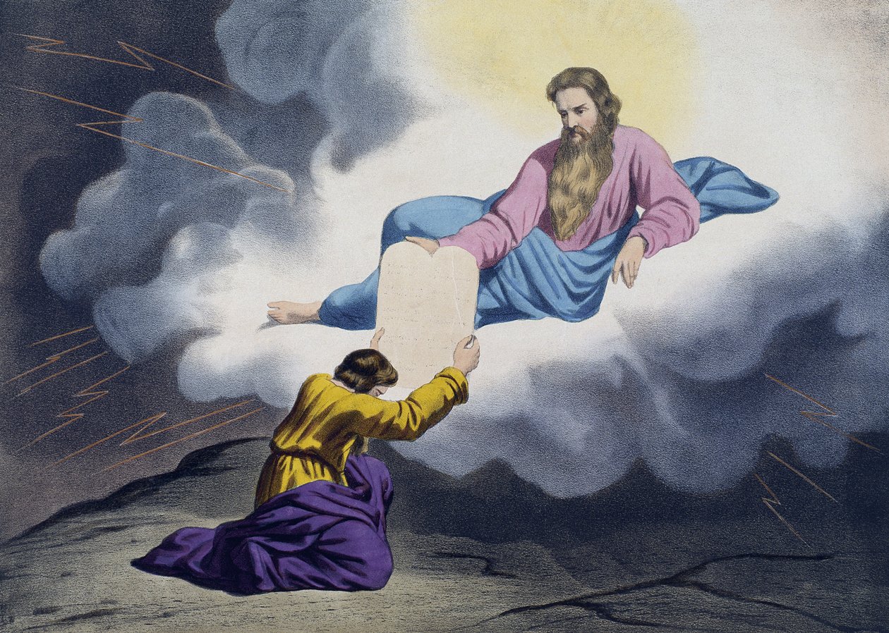 Mojžíš přijímající desky zákona, ilustrace z katechismu LHistoire Sainte, vydal Charles Delagrave, Paříž, konec 19. století od French School