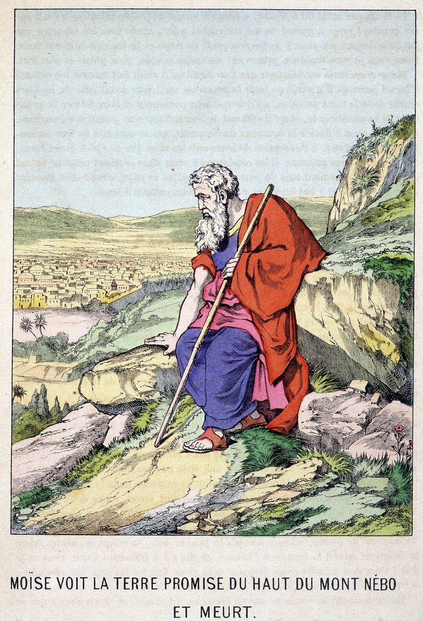 Mojžíš vidí zaslíbenou zemi z vrcholu hory Nebo a umírá - v „Život Mojžíše“, ed. Olivier Pinot, Epinal, konec 19. století od French School