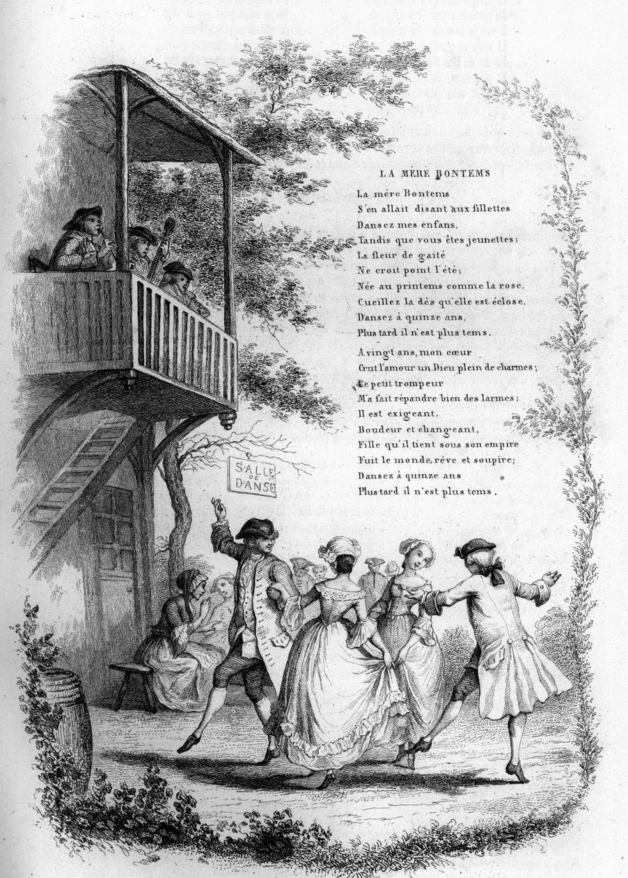 Matka Bontems (Bontemps). Tanec mladých párů na vesnici s muzikanty na balkóně. Rytina do „“ Chants et chansons populaire de la France“, Tome 2 od French School