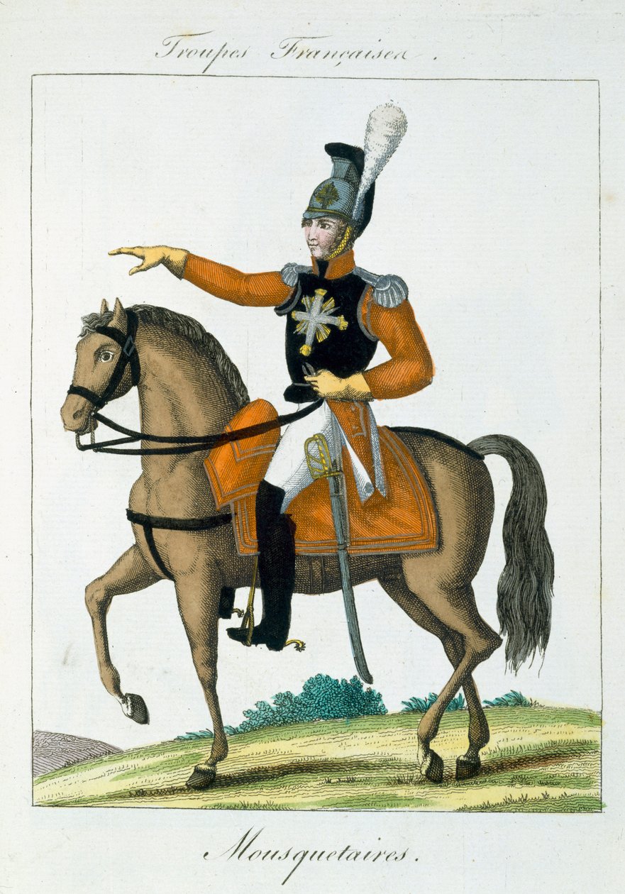 Jízdní mušketýr, z Troupes Francaises, hospoda. chez Basset, Paříž, kolem roku 1790 od French School