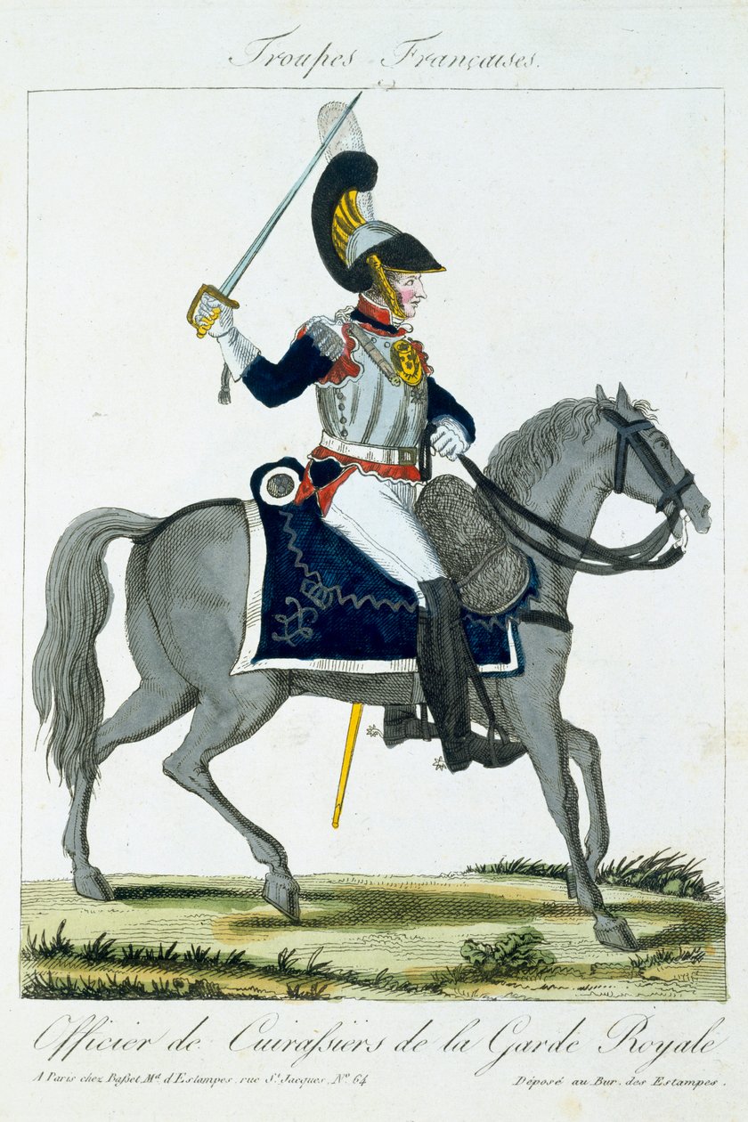 Jízdní důstojník kyrysníků královské gardy, z Troupes Francaises, hospoda. chez Basset, Paříž, kolem roku 1790 od French School