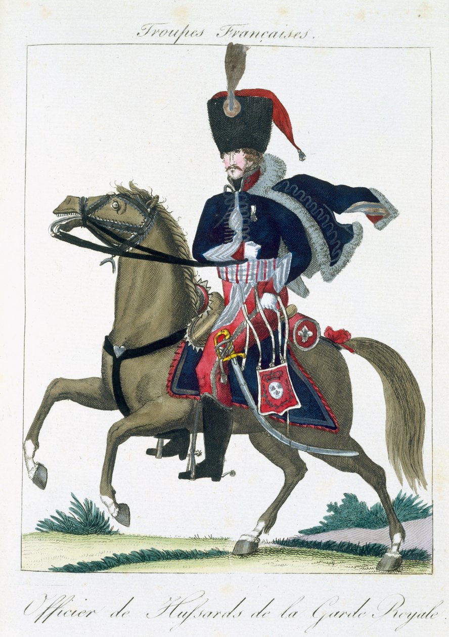 Jízdní důstojník husarů královské gardy, z Troupes Francaises, hospoda. chez Basset, Paříž, kolem roku 1790 od French School