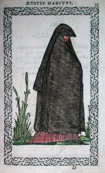 Smuteční oděv z Bayonne, ilustrace z knihy o kostýmech vydané v Antverpách od French School