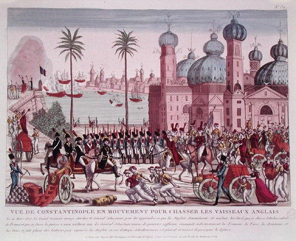 Pohyb vojsk k vytlačení anglických plavidel z Konstantinopole, 21. března 1807 (barevná rytina) od French School