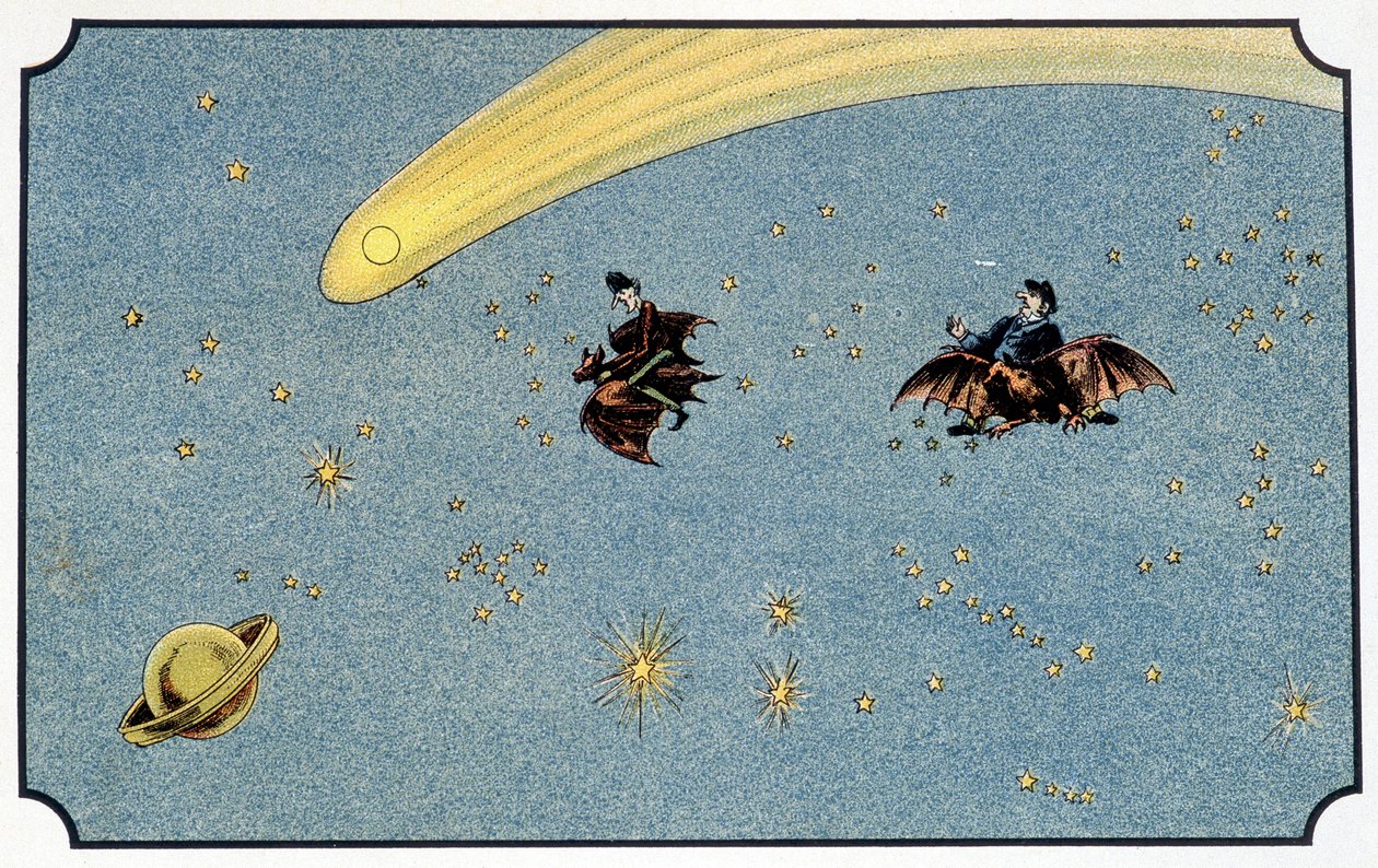 Pan Baboulifiche a jeho sluha Papavoine jedoucí na netopýru ve vesmíru – v „“Voyage dans la lune““ od A. de Ville-d
