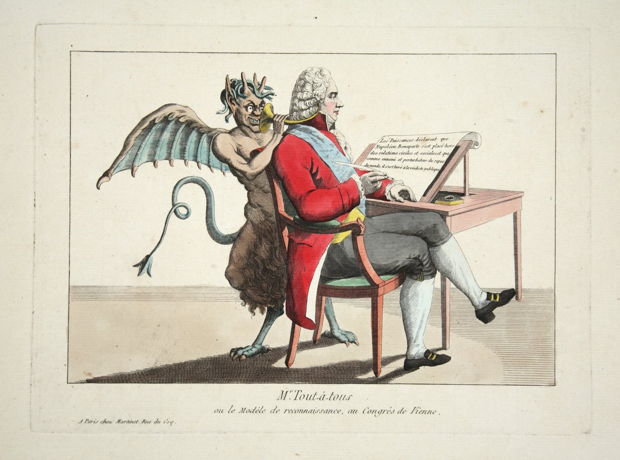 Pan Tout-a-tous aneb Model uznání, na Vídeňském kongresu, pub. 1815 (barevná rytina) od French School