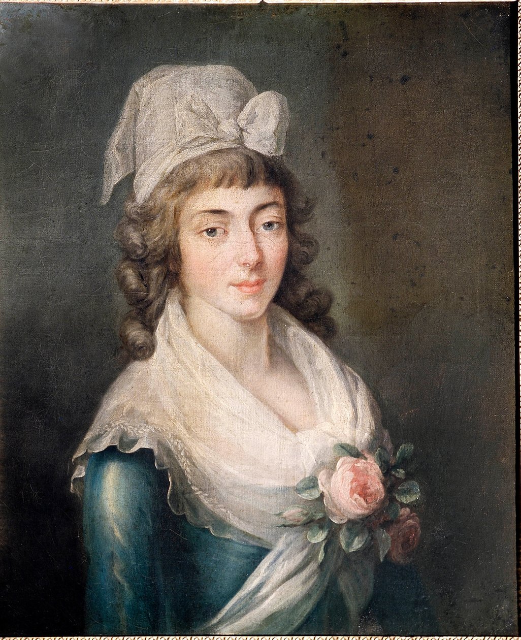 Paní Rolandová: Portrét Madame Roland (1754 - 1793), postava francouzské revoluce, v čepici Girondin. malířství francouzské školy od French School