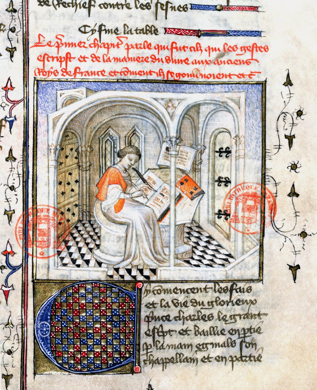 Ms.2028 A Monk Writing, z Chroniques de Saint-Denis od French School