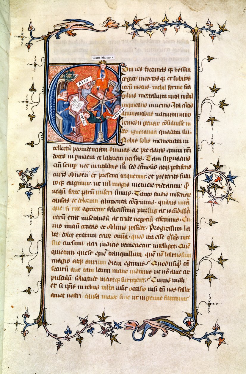 Ms.239 fol.1 Strana s historickou iniciálou zobrazující sedícího muže před Kolem štěstí, z „De Remediis Utriusque Fortunae“ od Petrarca (1304-74) od French School