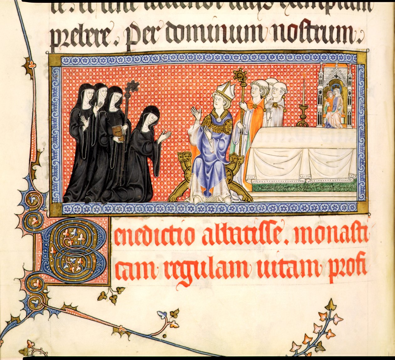 Ms.298 f82v Prezentace abatyše z pontifikálu v Metz, napsaná pro Raymonda Bara, biskupa z Metz, 1302-16 od French School
