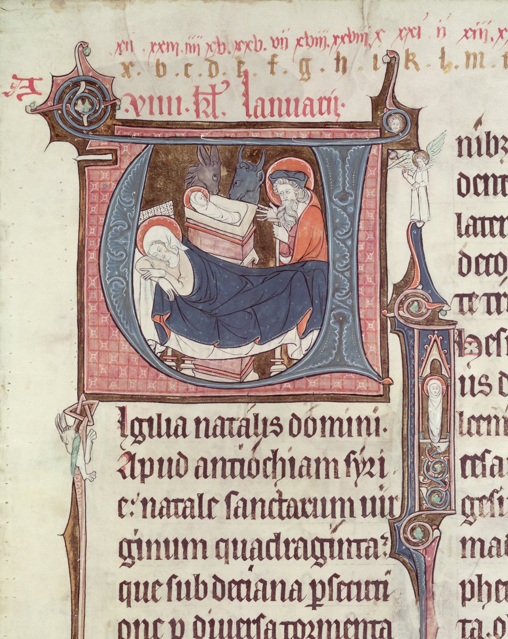 Ms.838 fol.55 Historické iniciály U a I zobrazující Narození Páně a Jezulátko, z Obituaire de Notre Dame de Pres, po roce 1270 (viz také 155905) od French School