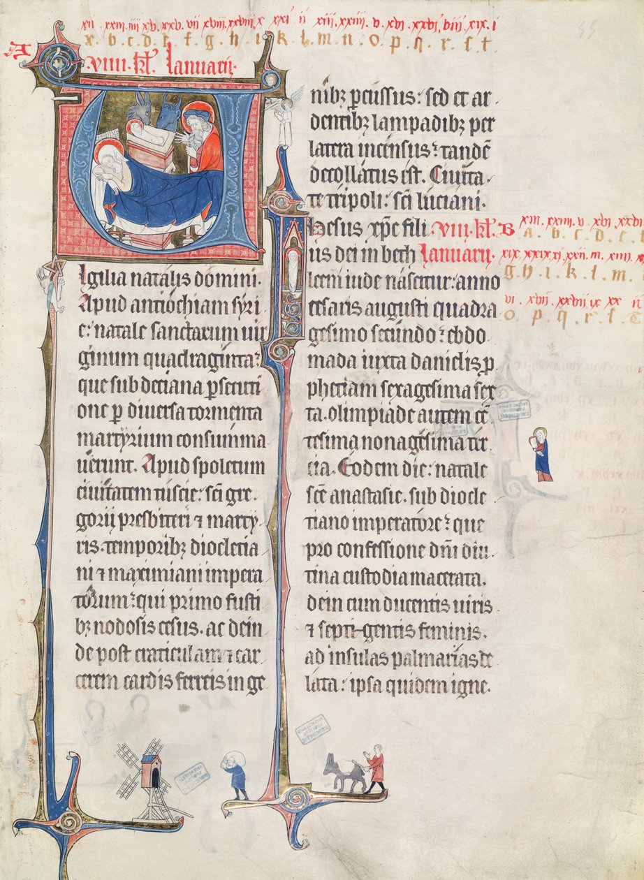 Ms.838 fol.55 Historizované iniciály "U" a "I" s vyobrazením Narození a Jezulátka, z "Obituaire de Notre Dame de Pres", po roce 1270 (viz také 155905). od French School