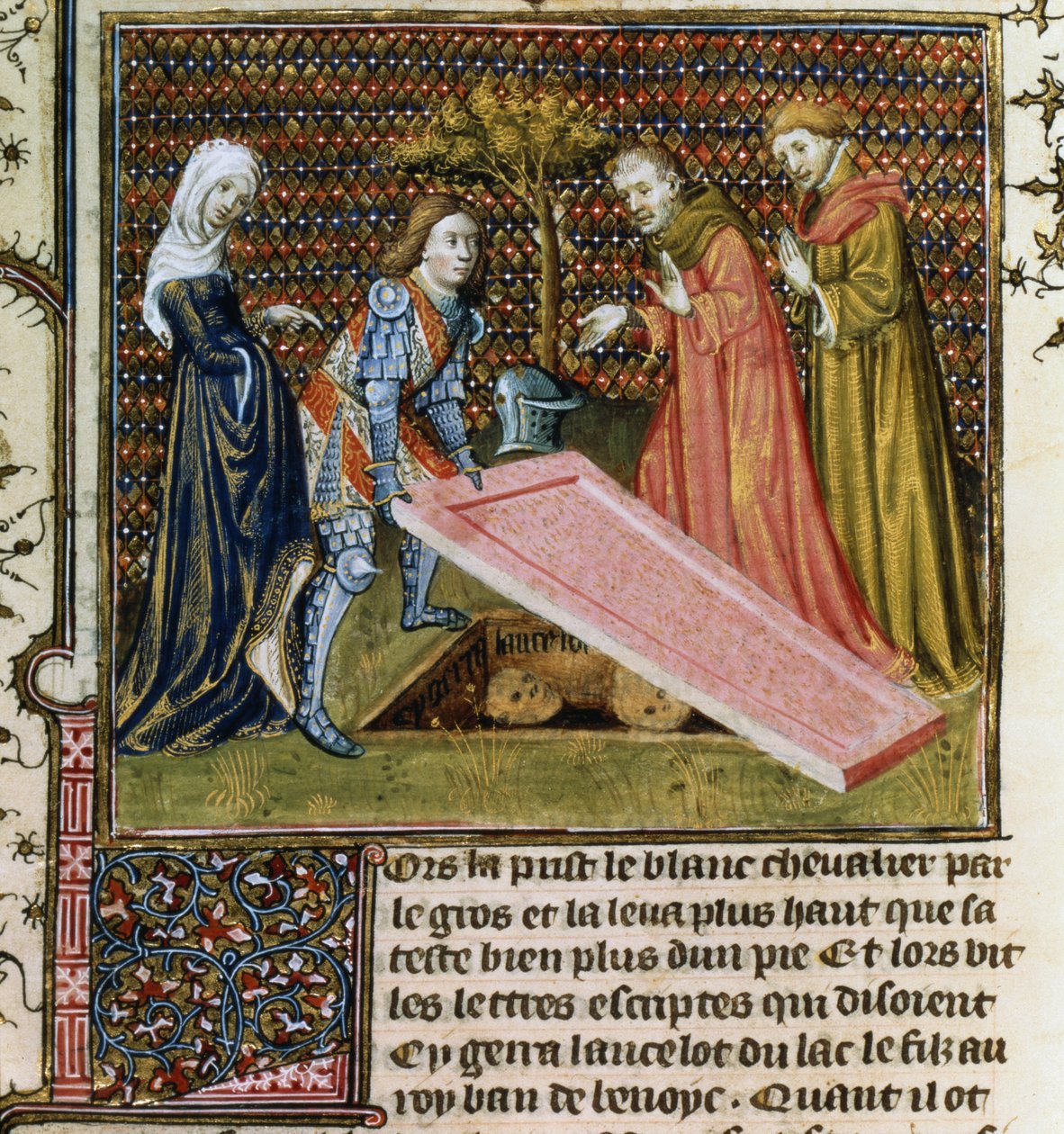 Paní Fr.118 f.190 Lancelot zvedne kámen ze svého vlastního předurčeného hrobu a dozví se jeho jméno a původ z Livre de Messire Lancelot du Lac od French School