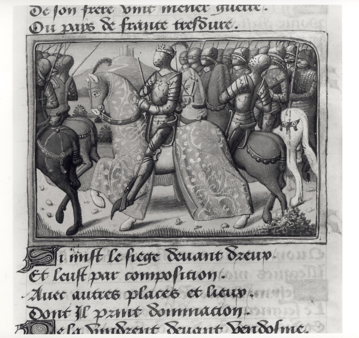 Ms.Fr.5054 fol.26 r Karel VII. (1403-61) a Johanka z Arku při obléhání Dreux, z Les Vigiles de Charles VII od Martiala dAuvergne nebo de Paris (1430-1508) 1484 od French School
